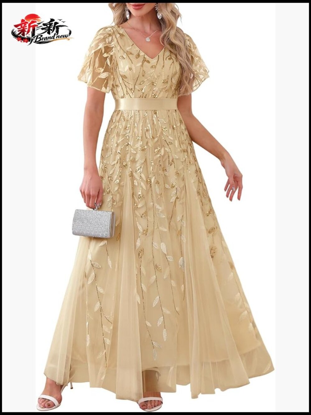 Plus Size Sequin Embroidery V-Neck Prom Formal Long Dress